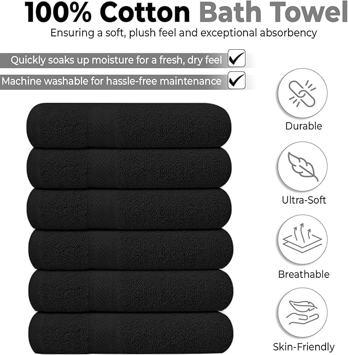 KAHAF COLLECTION 6 Pack Bath Towels Set (27 x 54 Inches) 100% Ring Spun Cotton, Lightweight, Quick Dry, Highly Absorbent Towels (Black, (27x54) Inches)