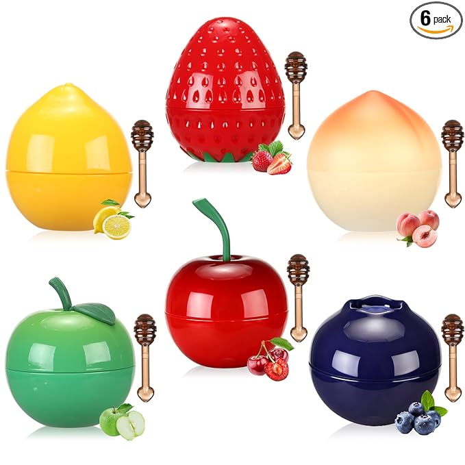 6 PCS Mini Bee Lip Balm Lip Mask Fruit Pot,Strawberry Lip Balm for Teens Girls 8-12,Peach,Cherry Moisturizing Lip Sleeping Mask Overnight Lip Treatment,Color lip Balm Gifts Set,Mothers Day Gifts