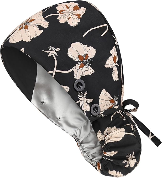 Satin Lined Scrub Caps with Buttons & Sweathand, Surgical Caps for Women