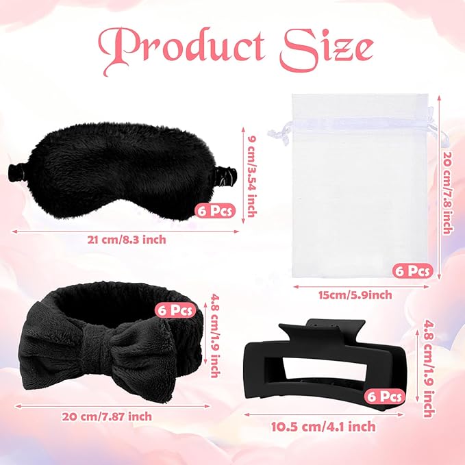 48 Pcs Spa Party Supplies Sleepover Essentials Gift for Mother's Day Spa Headband Plush Eye Mask Claw Clips Organza Bag for Women Adult Slumber Party Supplies (Black)
