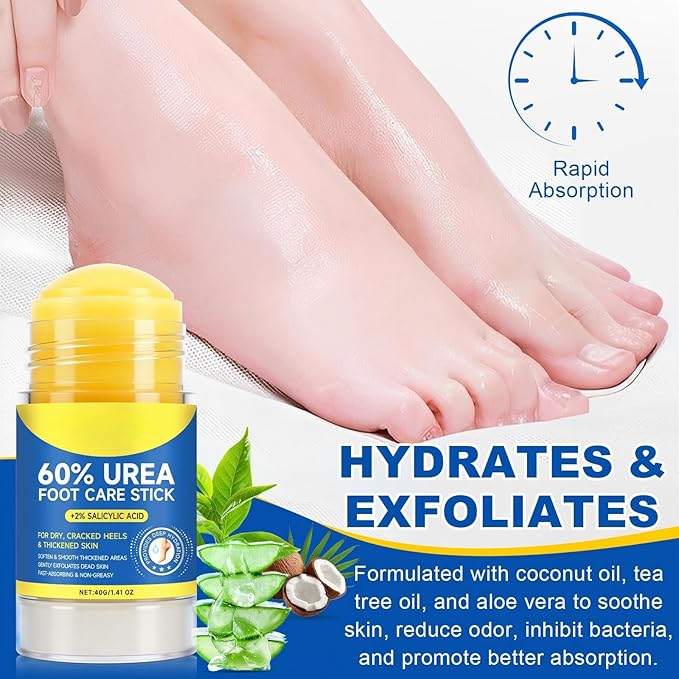 2 Pack Urea Cream 60% plus Salicylic Acid 2%, Maximum Strength Urea Foot Cream, Moisturizing Foot Balm Stick, Callus Remover & Dead Skin Exfoliator for Dry Cracked Feet, Heels, Hands, Knees Elbow