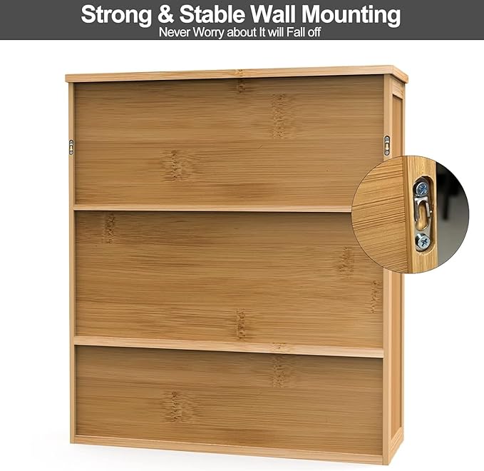 Bathroom Wall Cabinet, Bamboo Storage Cabinet Wall Mounted, Wall Hanging Cabinet with 2 Doors & 3 Tier Shelves