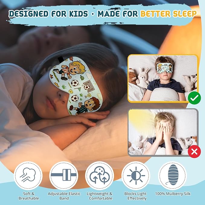 Kids Sleep Mask – 100% Mulberry Silk Eye Mask with Adjustable Strap, Soft Light Blocking Sleeping Mask for Children, Cute Printed Eye Cover for Boys Girls Ages 5-15 (Soccer Style)