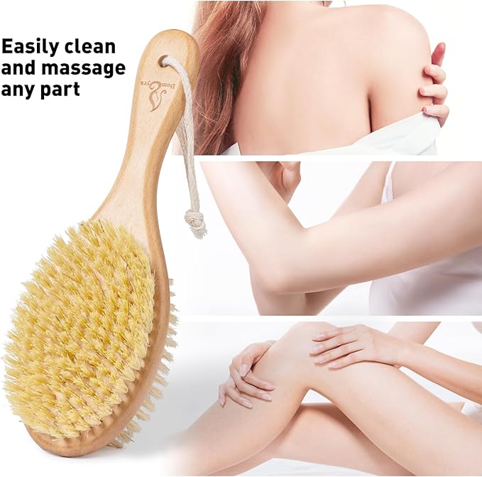 Short-Handle Dual-Sided Bath Massage Brush, Soft Boar & Firm Sisal Bristles, Portable (Natural Beech Wood)