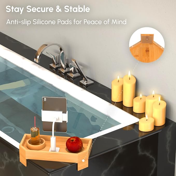 Vespara Bamboo Hot Tub Tray Table with Adjustable Phone Holder, Non Slip Hot Tub Table Spa Gifts for Women, Bathtub Canddy Tray with Wine Glass Holder Tray for Luxury Bathtub& Bathroom Accessories