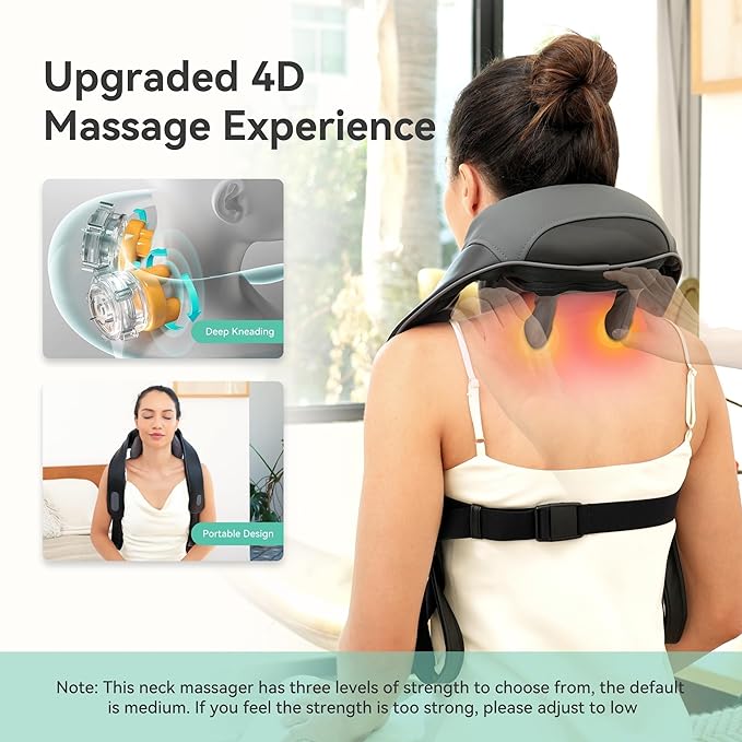 Snailax Cordless Neck Massager with Heat for Pain Relief Deep Tissue, 4D Kneading, Mothers Day Gifts, Rechargeable Shiatsu Back Neck Massager for Neck, Shoulders Back