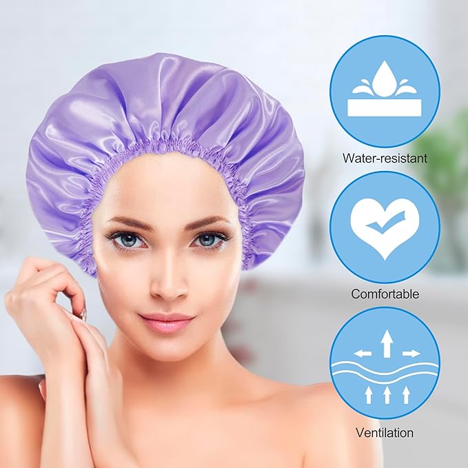 Shower Cap for Women Set of 4, Bath Caps, Double Layers Hair Caps + 4 Satin Hair Scrunchies, Reusable Waterproof Shower Caps, Elastic Hair Cap for Shower - Pattern C