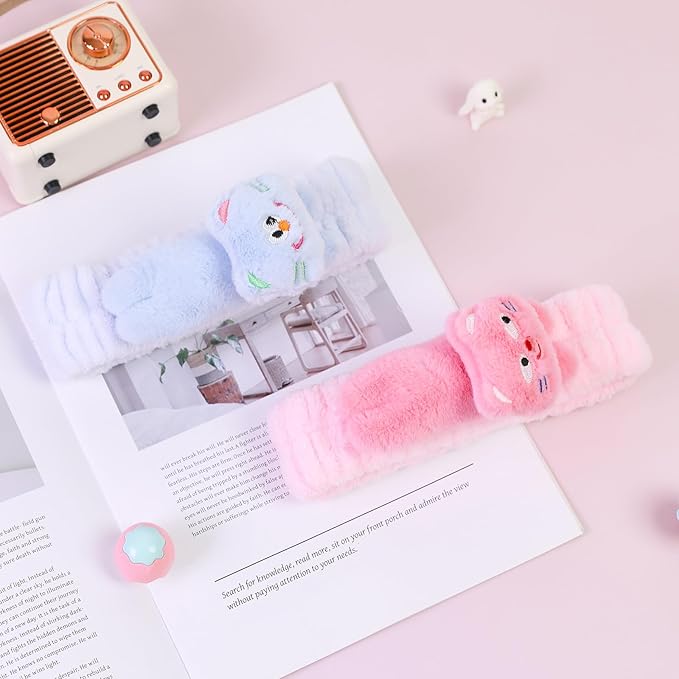 Kawaii Spa Headbands for Women Girls - 2 Pack Cute Soft Fleece Facial Headbands for Makeup, Skincare, Bath, Shower, Beauty and Face Washing, Pink+Blue Cat