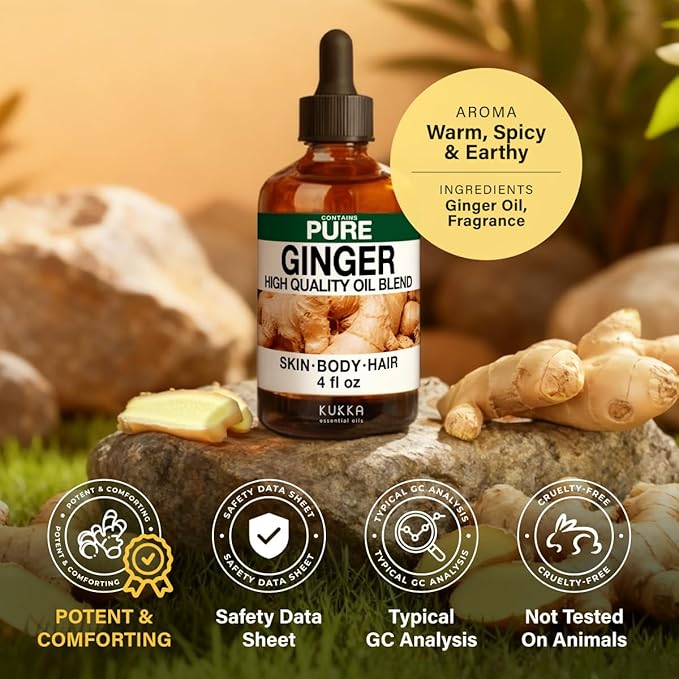 100% Pure Ginger Oil - 4 Fl Oz Ginger Essential Oil for Hair, Skin, Diffuser, Aromatherapy & DIY Soap Making Scent