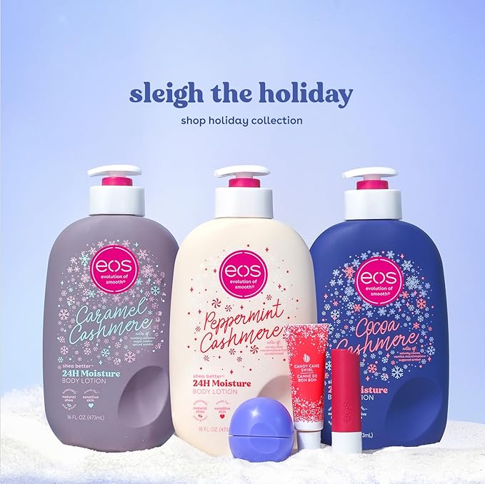 eos Holiday 24H Moisture Mini Super Balm Set, Sugar Plum Spritz, Candy Cane Swirl, Iced Sugar Cookie, Limited Edition Lip Care, Stocking Stuffers, 0.24 fl oz, 3-pack