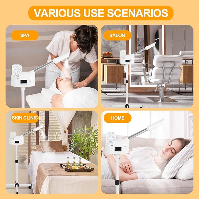 Professional Facial Steamer, Hot Mist Spray, Timer Function for Deep Hydration, Height Adjustable Face Steamer on Wheels and Rotatable Nozzle for Salon Spa Home Use