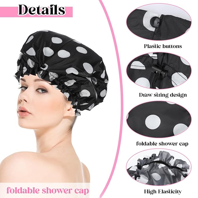 2 Pcs Large Shower Cap for Braids, Extra Long Shower Cap for Women Long Hair & Locs, Waterproof Hair Bonnets for Dreadlocks Drawstring Bath Caps for Women & Men (Polka Dots, Black)