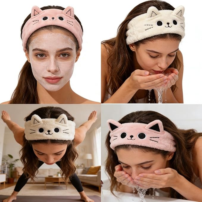 2 PCS Cute Cat Ear Spa Headband For Washing Face, Skincare Makeup Headbands For Women, Soft Coral Fleece Hair Accessories (Beige+ Pink)
