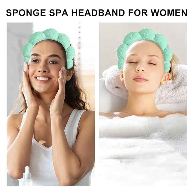 Beleki Spa Headband for Washing Face Wristband Set Makeup Skincare Face Washing Headband Sponge Terry Cloth Bubble Puffy Hairband Non Slip Headwear Hair Accessory for Women - Mint