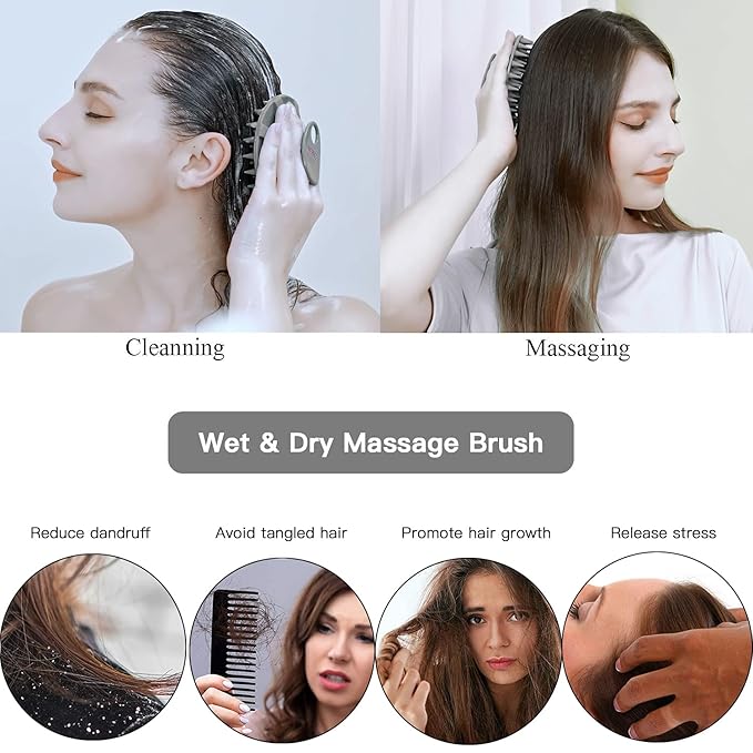INNERNEED One-piece Scalp Massager Shampoo Brush, Wet & Dry Scalp Care Head Scrubber Hair Washing, Soft Silicone Bristles, for Hair Growth, Dandruff Removal, Comfortable for All Hair Types (Gray)