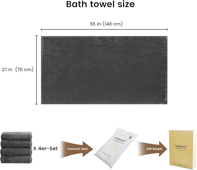 SEMAXE 4 Piece Grey Bath Towel Set for Bathroom, 100% Cotton Bath Towels with Hanging Loop, 55 x 27 Inch, Soft Absorbent & Quick Dry, for Home