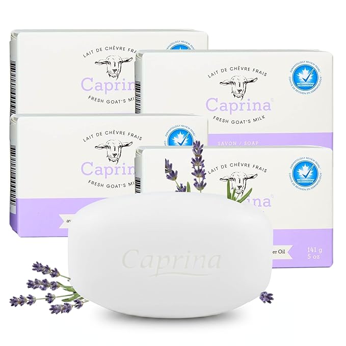 Caprina Goat Milk Bar Soap, LAVENDER OIL, 5 oz (141 g), Natural Hand & Body Soap Bars, Moisturizing Bath Soap for Sensitive Skin with Vitamins B2 & B3, Lavender Oil, 5 oz, 4-PACK
