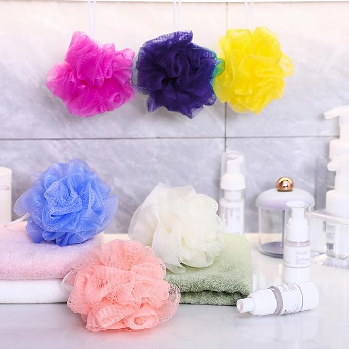 Siifert 50 Pieces Bath Sponge Shower Loofahs Bulk Bath Luffas Exfoliating Body Scrubber Pack Colorful Mesh Balls Travel Cleaning Wash Puff Bathing Accessories for Kids Women Men Body Wash, 6 Colors