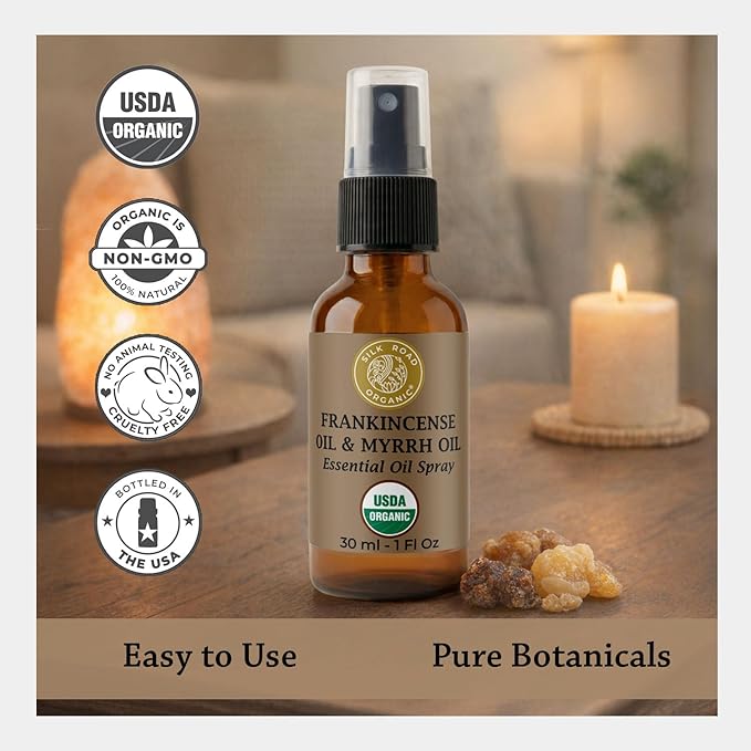 Silk Road Organic Frankincense Oil & Myrrh Essential Oil Spray, 100% Pure USDA Certified Aromatherapy for Body Aches, Stiffness & Tingling, Stress Relief, & Skin - 1 Oz Spray