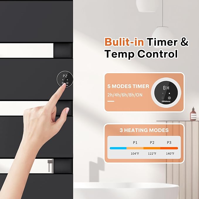 K&KALONZO Electric Towel Warmer, 18.35" W x 31" H Wall-Mounted Towel Heater with Built-in Timer, Waterproof Aluminum Towel Warmer for Bathroom, Support Plug-in and Hardwired, Black, K4-R-B-N