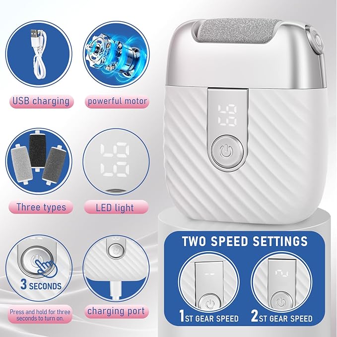 Electric Foot File with 2 Speeds & LED Display, Rechargeable Callus Remover with 3 Grit Heads (Coarse/Medium/Fine), Pedicure Tools for Feet Hard Skin Smooth Polishing (White)