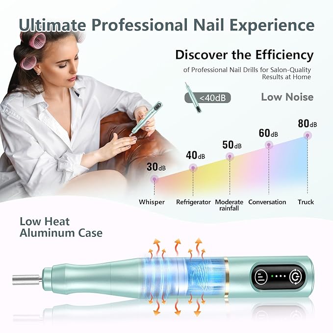 TUOBEO Cordless Nail Drill Electric Rechargeable File Kit, Professional Efile Acrylic Gel Nail Polish Remover Pedicure Manicure Machine Portable Set with 11 Bits 56 Sanding Bands for Salon Mint Green