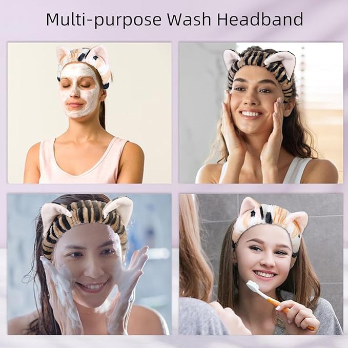 TEBIEKOY Plush Cat Ears Spa Headband For Washing Face Skincare Makeup, Elastic Animal Headbands for Women Girls Soft Coral Fleece Facial Wash Hair Accessories Trendy Stuff Gifts, 2PCS