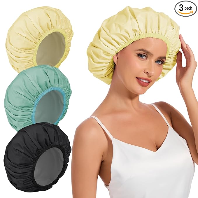 3Pcsk Reusable Waterproof Shower Cap for Women, Bath Cap for Long Thick Hair, Comfortable Hair Cover for Shower