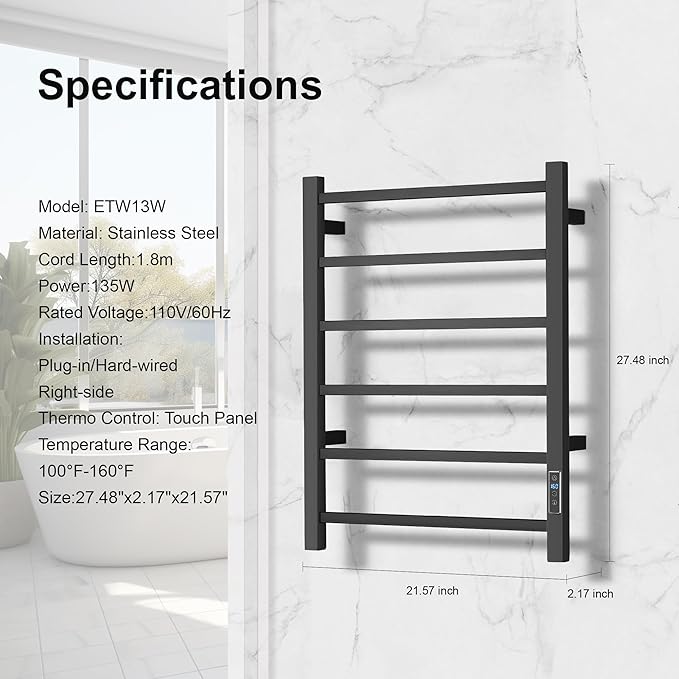 Electric Heated Towel Warmer - Wall Mounted Bathroom Towel Rack, Plug-in Design & Brushed Stainless Steel Black with Timer & Temperature Control 6 Bar