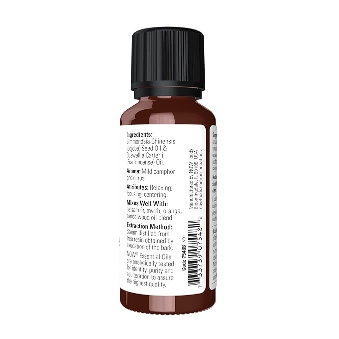 NOW Essential Oils, Frankincense Oil Blend, 20% Blend of Pure Frankincense Oil in Pure Jojoba Oil, Centering Aromatherapy Scent, Steam Distilled, Vegan, Child Resistant Cap, 1-Ounce