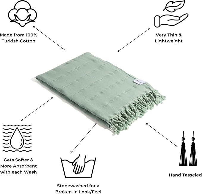 InfuseZen Stonewashed Turkish Bath & Beach Towel –100% Organic Turkish Cotton - Soft, Lightweight, Absorbent - Quick Dry, Sand Free - Pool, Shower, Travel - Peshtemal, Hammam Spa Towel - Light Green
