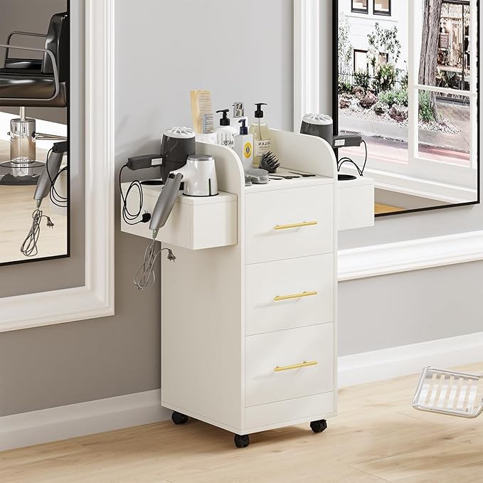 4ever2buy Rolling Salon Station for Hair Stylist, Salon Trolley Cart with with Wheels, Hair Stylist Beauty Barber Station, 6 Hair Dryer Holders & 3 Drawers, White and Gold