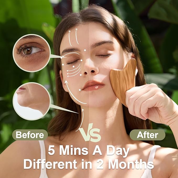 Gua Sha Tool for Face - Natural Facial Massager for Lymphatic Drainage, Jawline Sculpting & Puffiness Reducing, Full-Body Massage Tools for Pain Relief, Mothers Day Gifts(Olive Wood)
