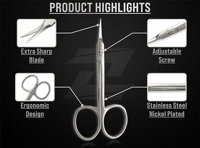 Professional Cuticle Scissors Extra Fine Curved with Precise Pointed Tip - Long Lasting Sharp Nickel Plated for Manicure and Pedicure - German Quality Multipurpose Grooming Scissors