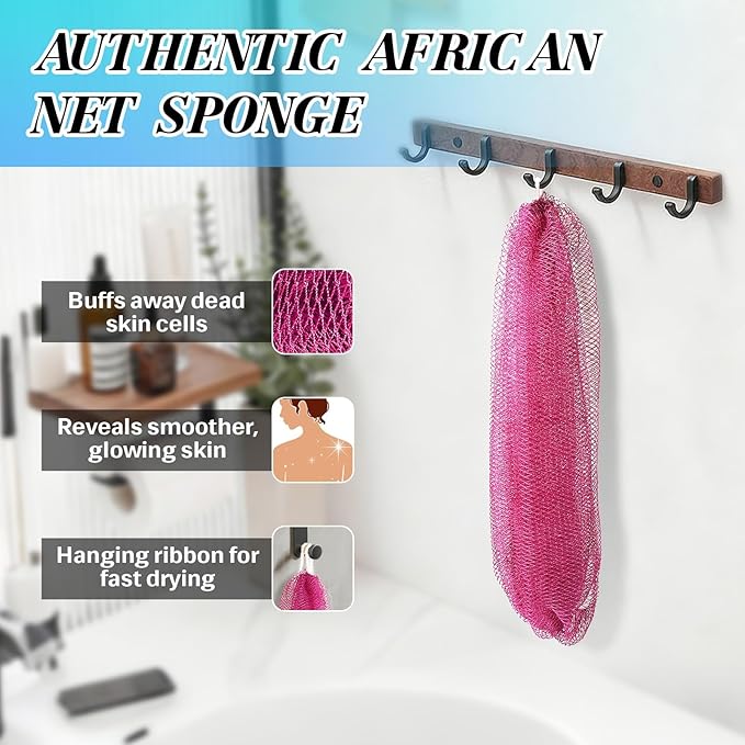 African Net Sponge Authentic Exfoliating Body Scrubber for Shower & Bath, Deep Cleansing Lather for Dead Skin Removal, Back Scrubber Gift for Women & Men（Rose Red & Purple）