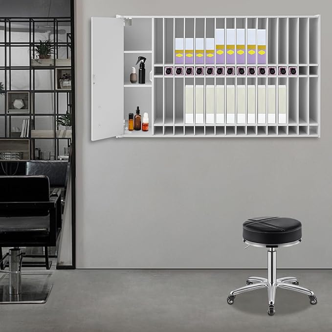 Wall Mount Hair Color Organizer Rack Professional Salon Barber Station Salon Hair Color Tube Storage Cabinet with Adjustable Shelves, Hair Dye Display for Barbershop Beauty Spa (White)