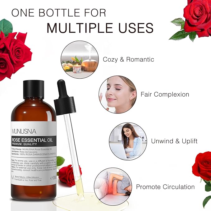 Rose Essential Oil 100ML, 100% Pure Natural Rose Oil for Hair Face Skin Care, Premium Grade Essential Oils for Diffuser, Skin, Care Massage, Yoga, Bath, Soap and Candle Making