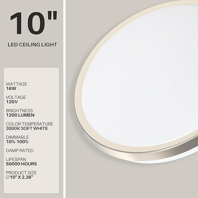 DYMOND LED Ceiling Light Flush Mount 10 Inches Ceiling Light Fixture Dimmable for Bathroom, Kitchen, Laundry Room (3000K Warm White, 10 inches)