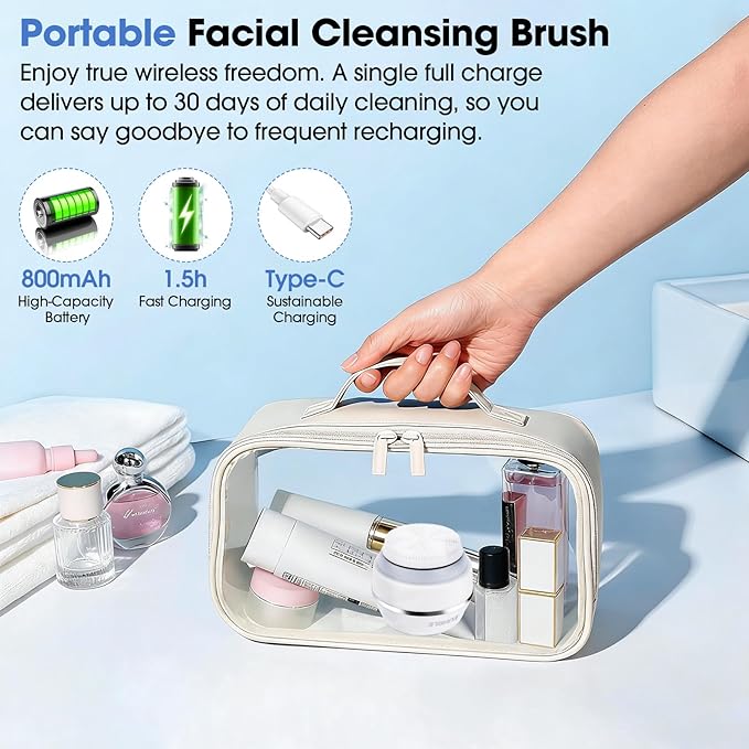 Electric Facial Cleaner with 6 Modes & 3 Light Effects, Rechargeable Waterproof Face Scrubber for Women and Men, Includes Extra Brush Head, Easy-Clean Hanging Design (White)