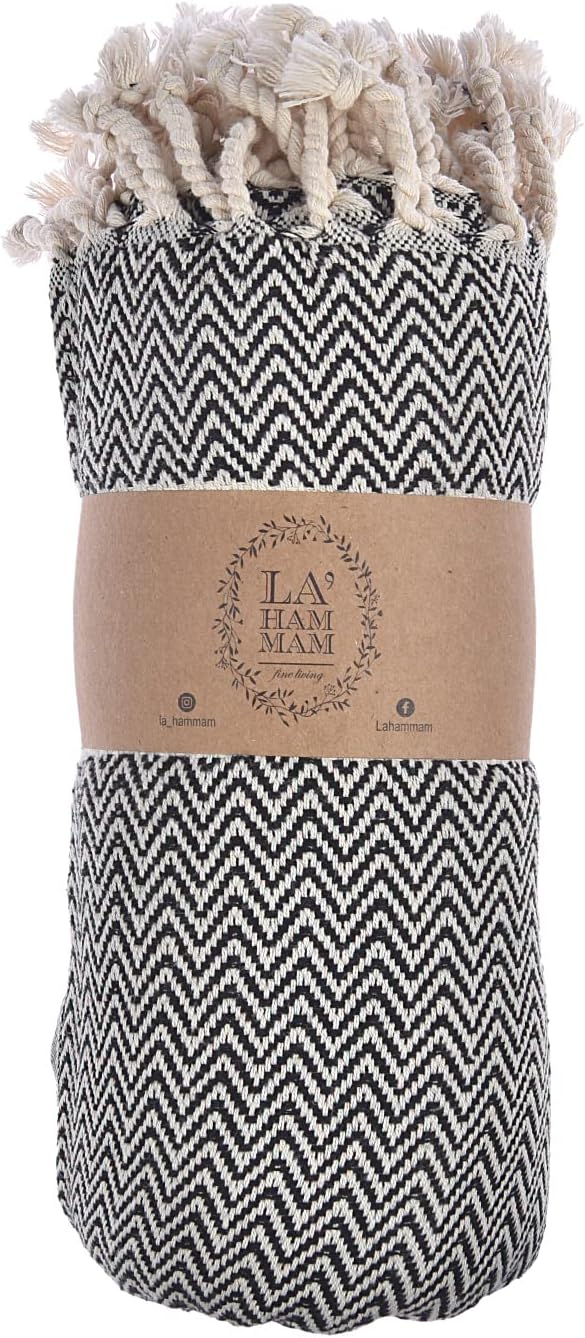 Personalized Embroidered Beach Towel | Throw Blanket, Easy Carry, Sand Free, Highly Absorbent, Quick Dry, Turkish Towels for Camping Bath Sauna Beach Gym Pool Yoga SPA by Lahammam, Herring, Black