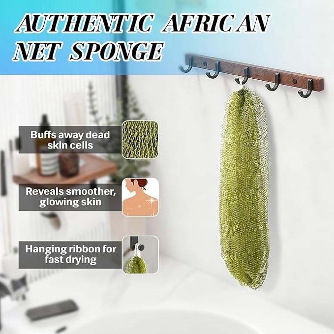 African Net Sponge Authentic Exfoliating Body Scrubber for Shower & Bath, Deep Cleansing Lather for Dead Skin Removal, Back Scrubber Gift for Women & Men（Army Green）