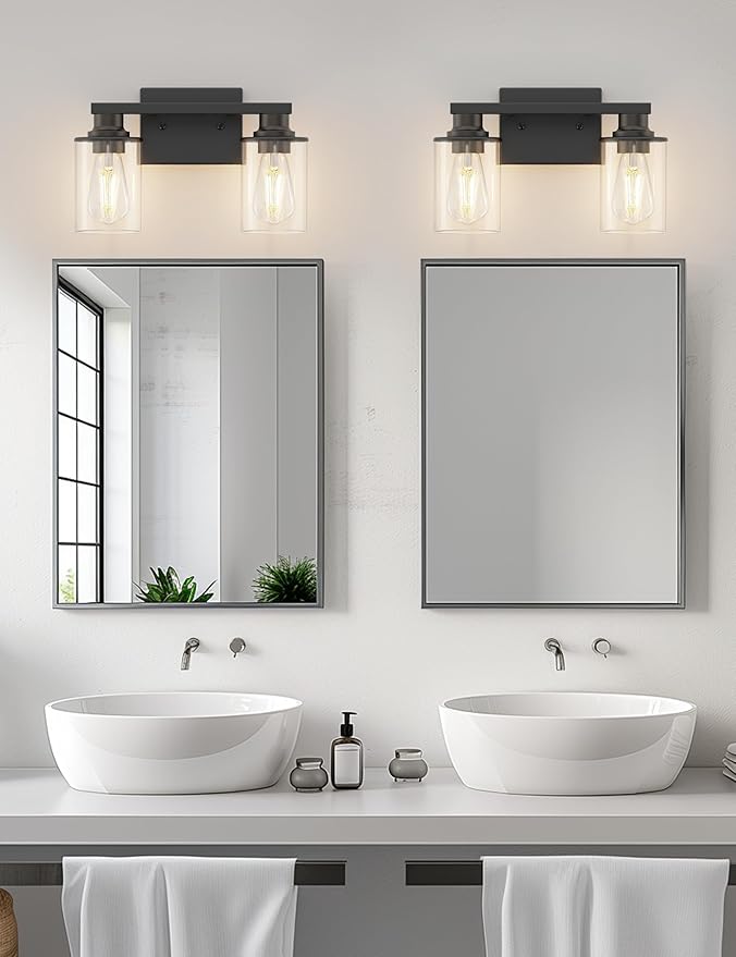 L LOHAS LED 2-Light Black Bathroom Light Fixtures,Modern Lighting Fixtures Over Mirror with Clear Glass Shade, Vanity Lights for Bedroom, ETL Listed