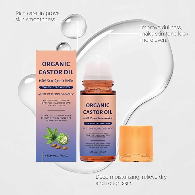 Organic Golden Castor Oil Roll-On with Rose Quartz, Jade Massage Board, Relax Anytime, Anywhere, for Brows, Lashes, Dry Skin & Face, Travel Friendly Leakproof Roller Bottle (3)