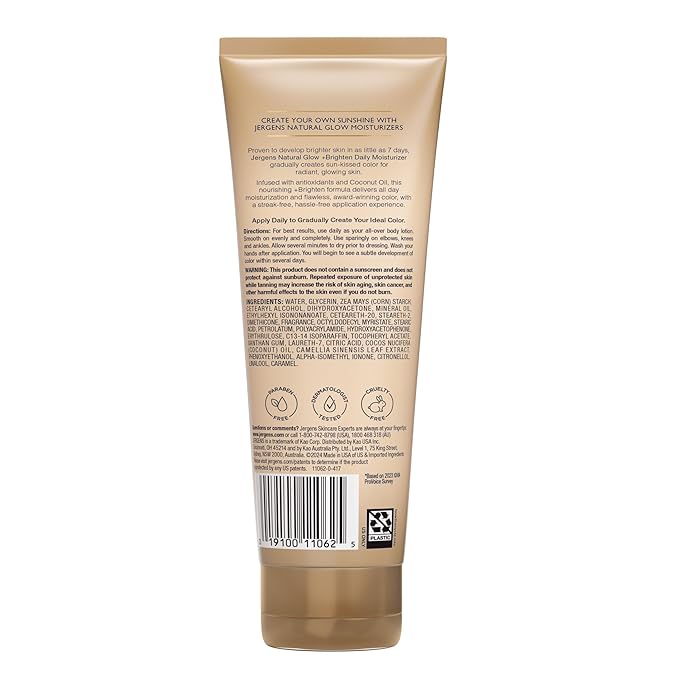 Jergens Natural Glow Self Tanner Body Lotion, Sunless Tanning, Medium to Deep Skin Tone, Daily Moisturizer with Coconut Oil, Vitamin E and Antioxidants, 7.5 Oz