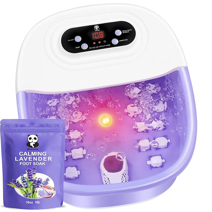 Foot Spa Bath Massager with Heat Bubbles and Vibration Massage and Jets, 16 OZ Calming Lavender Foot Soak Epsom Salt, Miwhale Foot Soaker With Red Light, 22 Massage Rollers, Adjustable Temp -Purple