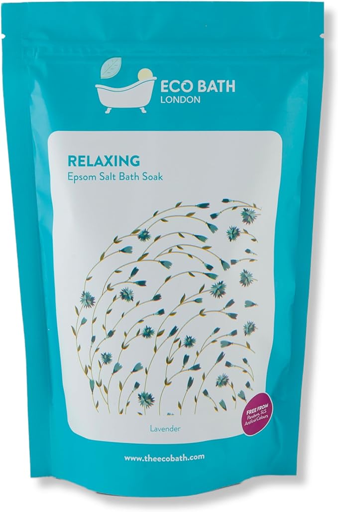Eco Bath London Relaxing Lavender Epsom Salt Bath Soak - Pouch 2.2 lb (1 kg), Made in UK, Natural Magnesium Bath Salt, Relaxing Spa Bath Soak for Stress Relief, Self Care Gift for Women and Men
