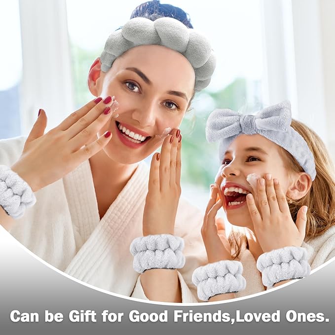 Zkptops 6Pcs Spa Headband for Washing Face Wristbands Set Women Bubble Makeup Sponge Terry Cloth Padded Puffy Skincare Headband Bow Tie Hairband Cute Non Slip Thick Hair Accessory Gifts (Grey)