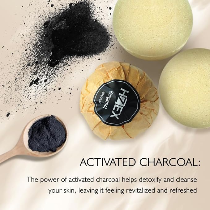 HZEX Charcoal Activated Bath Bombs for Men – Detox with Handmade Organic 6 Pack Bath Bomb Set, up to 3 Scents (Sandalwood, Bergamot, Ocean), Individually Wrapped (Bergamot)
