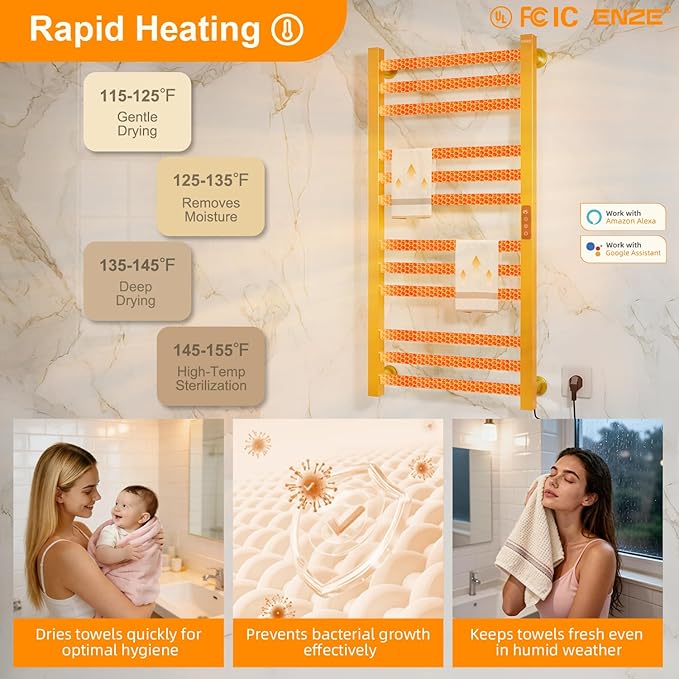 ENZE Smart Heated Towel Rack, 12-Bar Wall-Mounted Electric Towel Warmer 320W, Wi-Fi App Control & LED Touch Screen, Adjustable Temperature & 24H Timer, IPX5, Plug-in/Hardwired, Gold, Low Carbon Steel