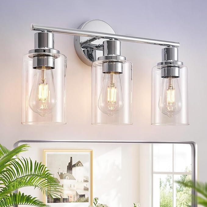 DLLT 3-Light Bathroom Light Fixtures: Chrome Modern Vanity Lights with 3 E26 Bulbs - Clear Glass Shade Bathroom Wall Lamp for Mirror Kitchen Living Room Hallway Cabinet Porch